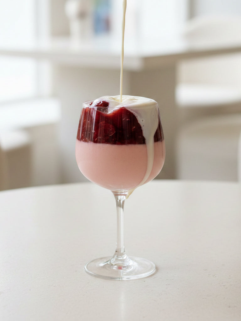 Eine seidige Panna Cotta mit Cascara, getoppt mit einer glänzenden Kirschkompott-Schicht und einem dramatischen „Milch-Wolken“-Gießmoment (ja, sie wackelt perfekt).